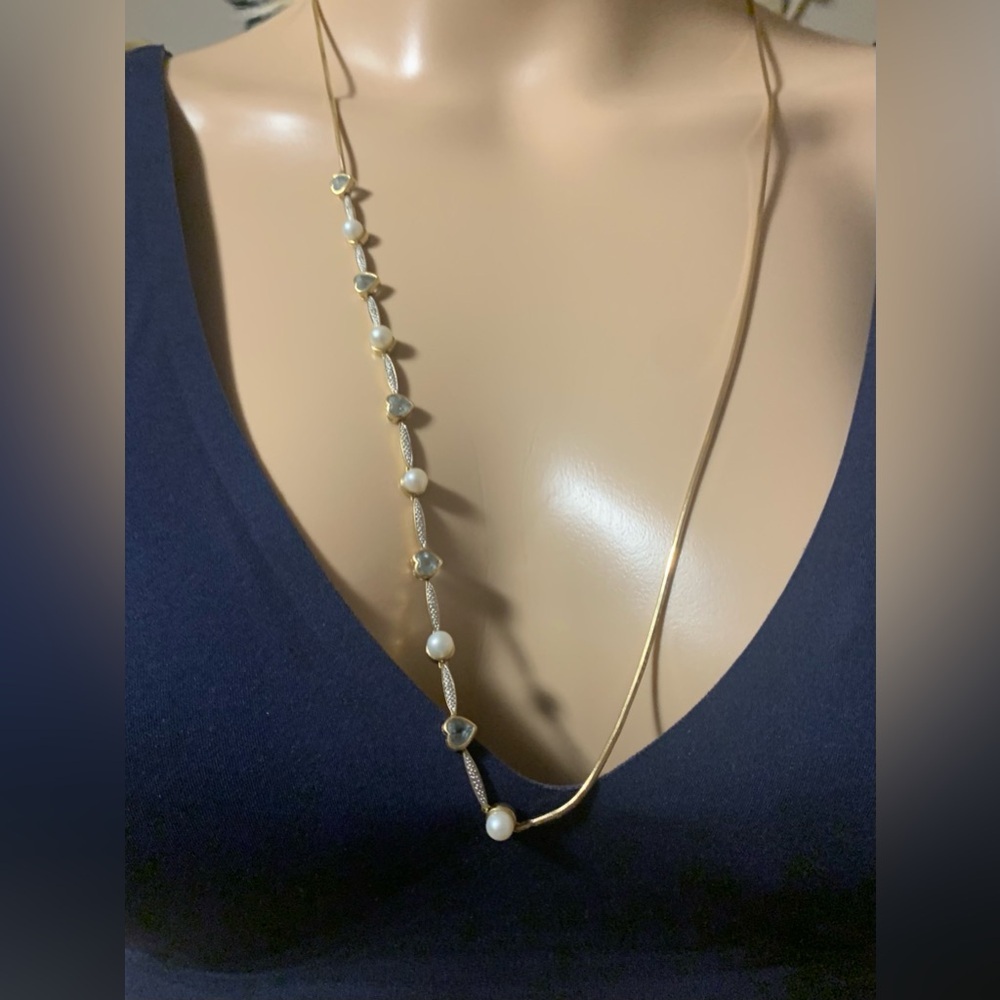14K yellow gold  30 inch chain with diamonds, aquamarines and pearls